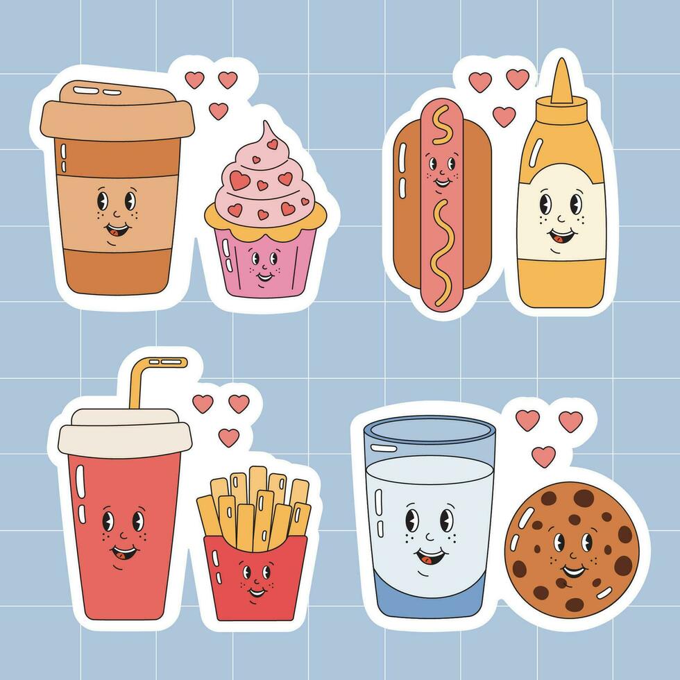 Sticker pack of funny cartoon Valentine love couples. Retro happy Valentines day. Romantic couples of milk and cookie, coffee and muffin, hot-dog and mustard, cola and fry potatoes. vector