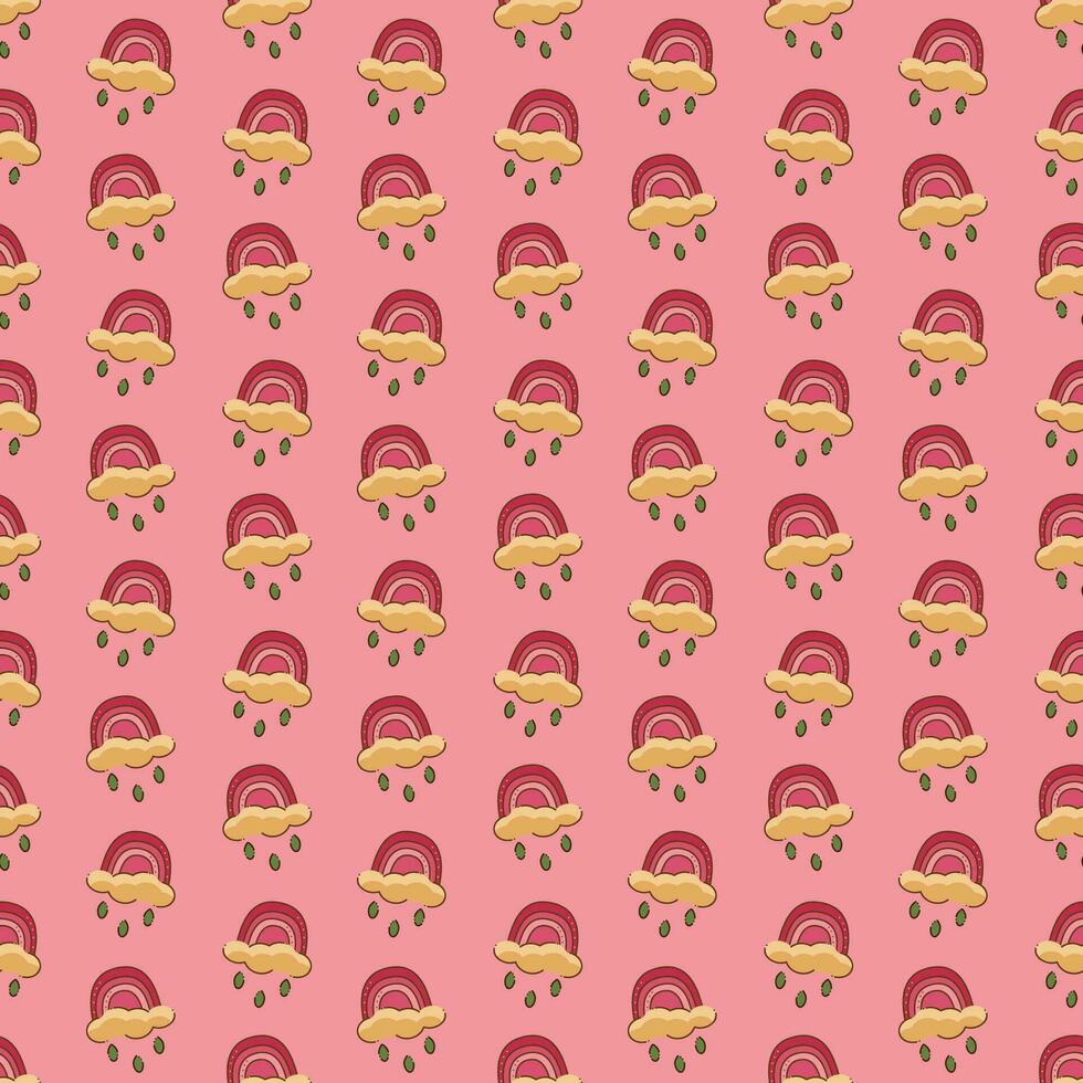 Seamless pattern with rainbows and raindrops. Cartoon doodle illustration. vector