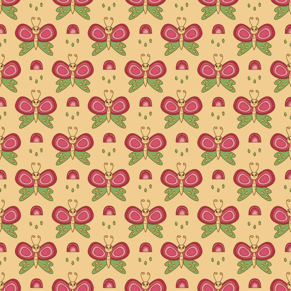 Seamless pattern with cute butterfly character, rainbows and raindrops. Cartoon doodle illustration. vector