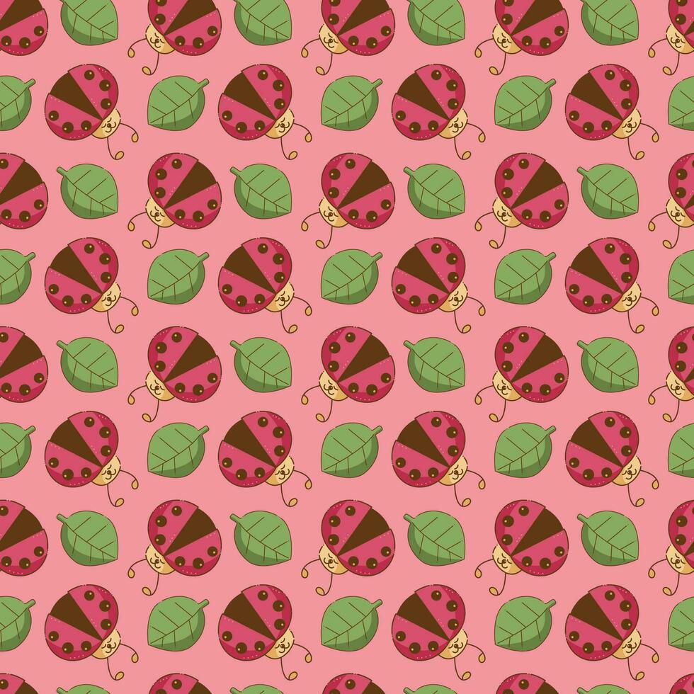 Seamless pattern with cute ladybug character and leaves. Cartoon doodle illustration. vector