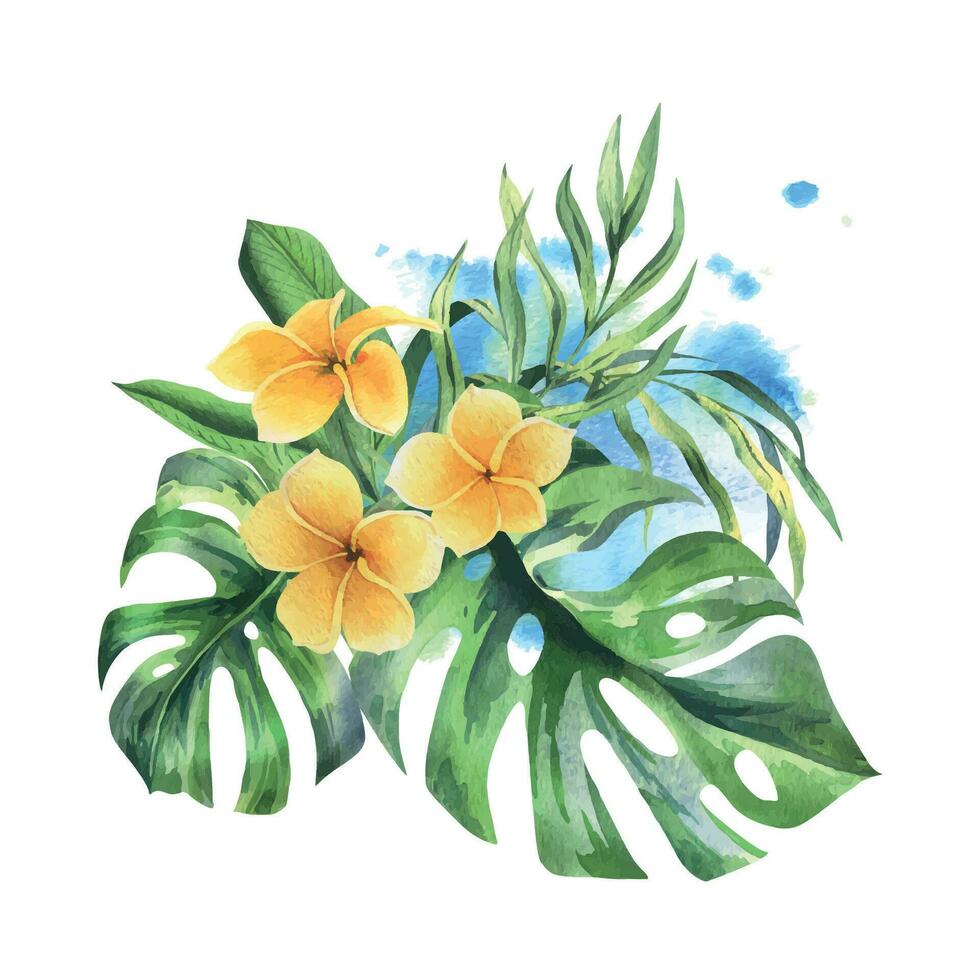 tropical palma hojas, monstera y amarillo flores de plumería, frangipani, brillante jugoso. mano dibujado acuarela botánico ilustración. aislado composición en un blanco antecedentes vector