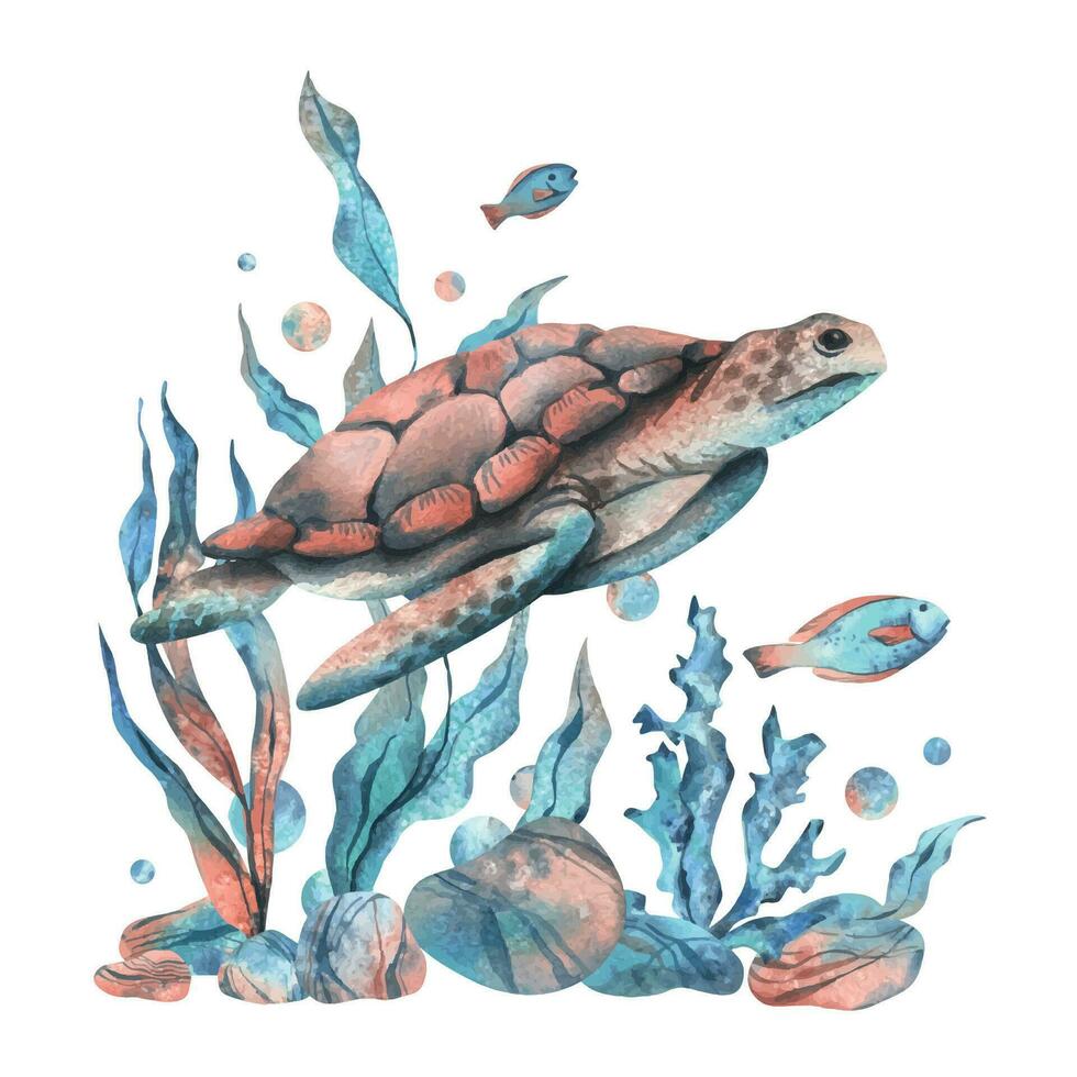 Underwater world clipart with sea animals turtle, fish, pebbles, bubbles, coral and algae. Hand drawn watercolor illustration. Isolated composition on a white background vector