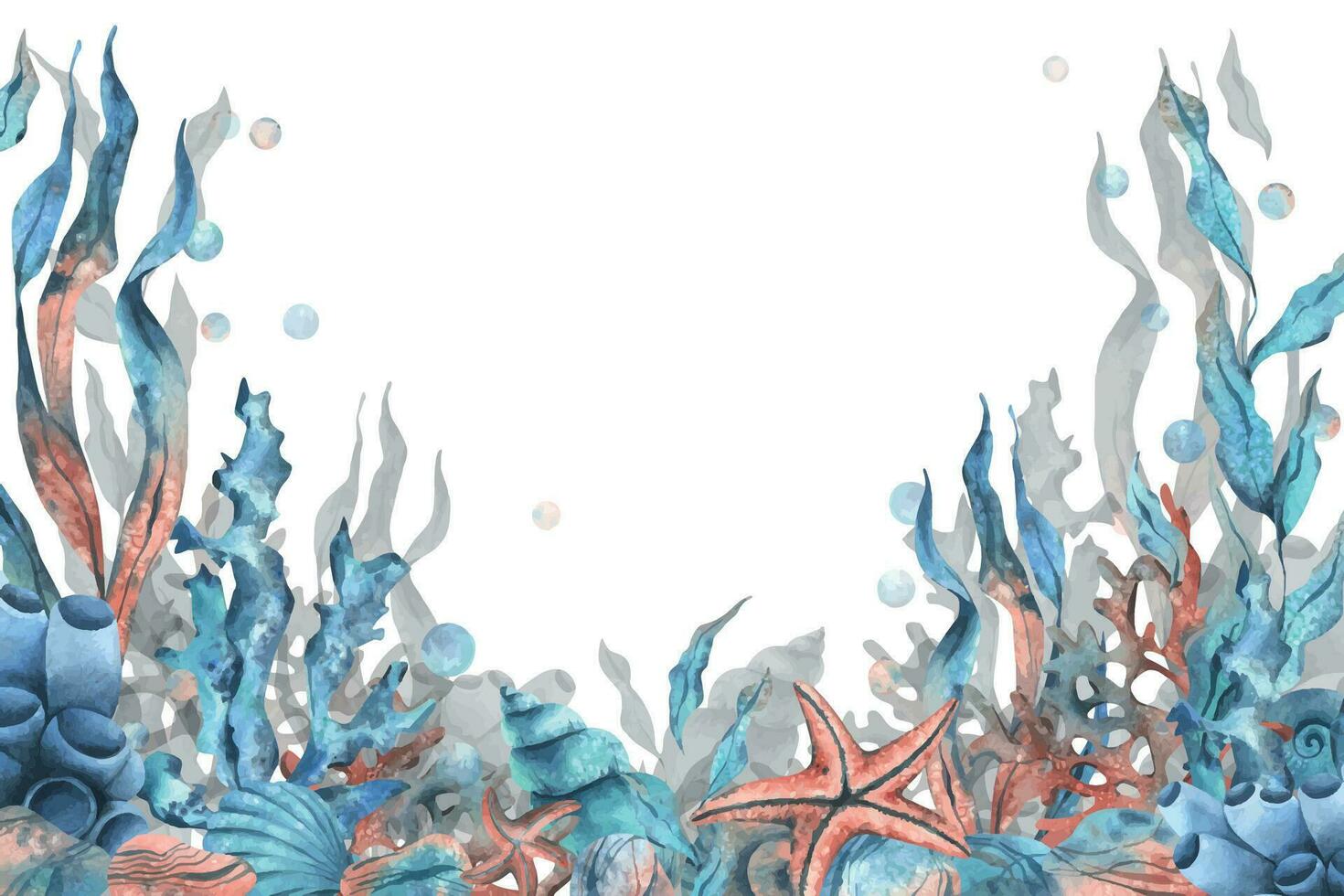 submarino mundo clipart con mar animales ballena, tortuga, pulpo, caballo de mar, estrella de mar, conchas, coral y algas. mano dibujado acuarela ilustración. conjunto de aislado objetos en un blanco antecedentes vector