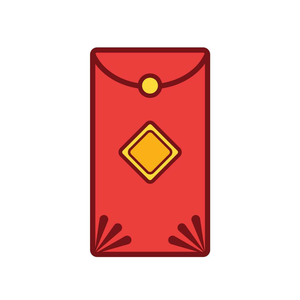 Angpao, angpow, ampao, or chinese lunar red envelope packet colored vector icon illustration with outline isolated on plain white background. Lunar chinese new year themed drawing.