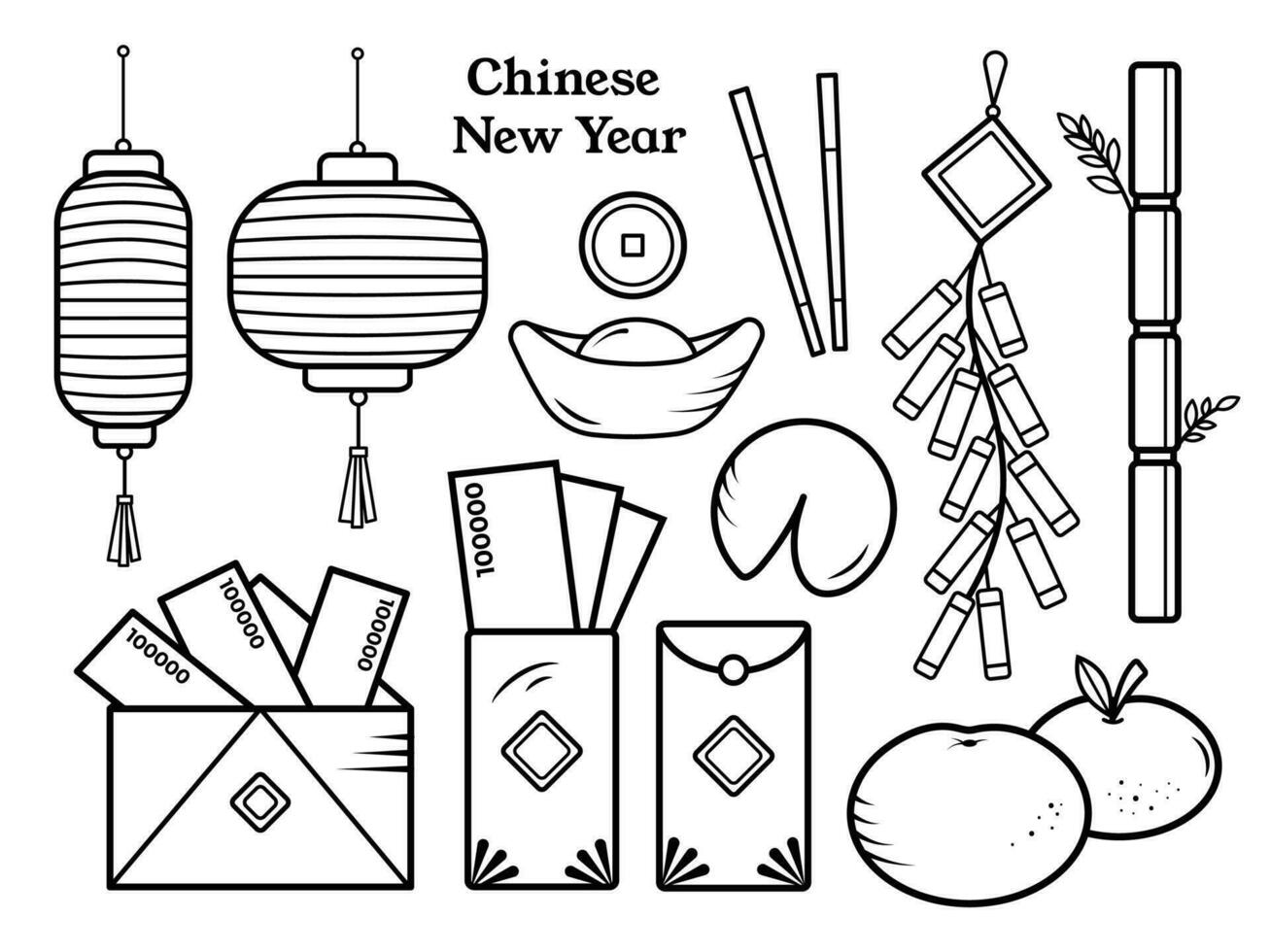 Chinese lunar new year decoration asset vector illustration icon set isolated on plain white background. Gong xi fa cai. Imlek cartoon outlined monochrome art styled drawing.