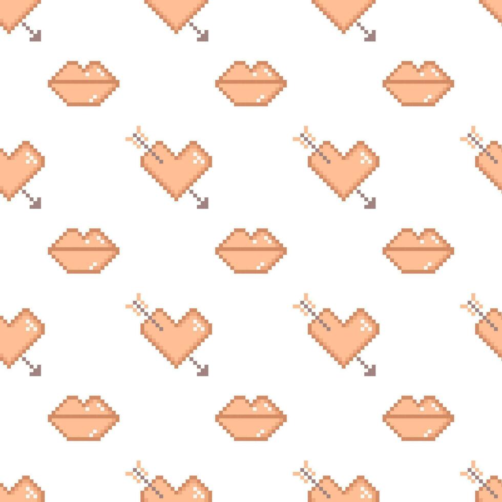 Pixel art Valentine day seamless pattern with lips and hearts. Design in peach fuzz color vector