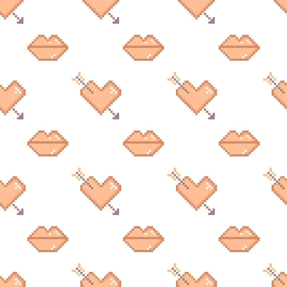 Pixel art Valentine day seamless pattern with lips and hearts. Design in peach fuzz color vector