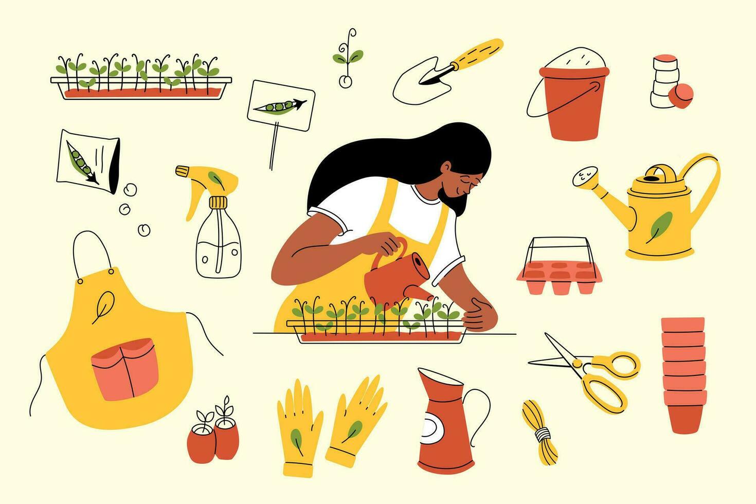 mujer riego y creciente microgreens y plántulas a hogar jardinería plano vector ilustración conjunto