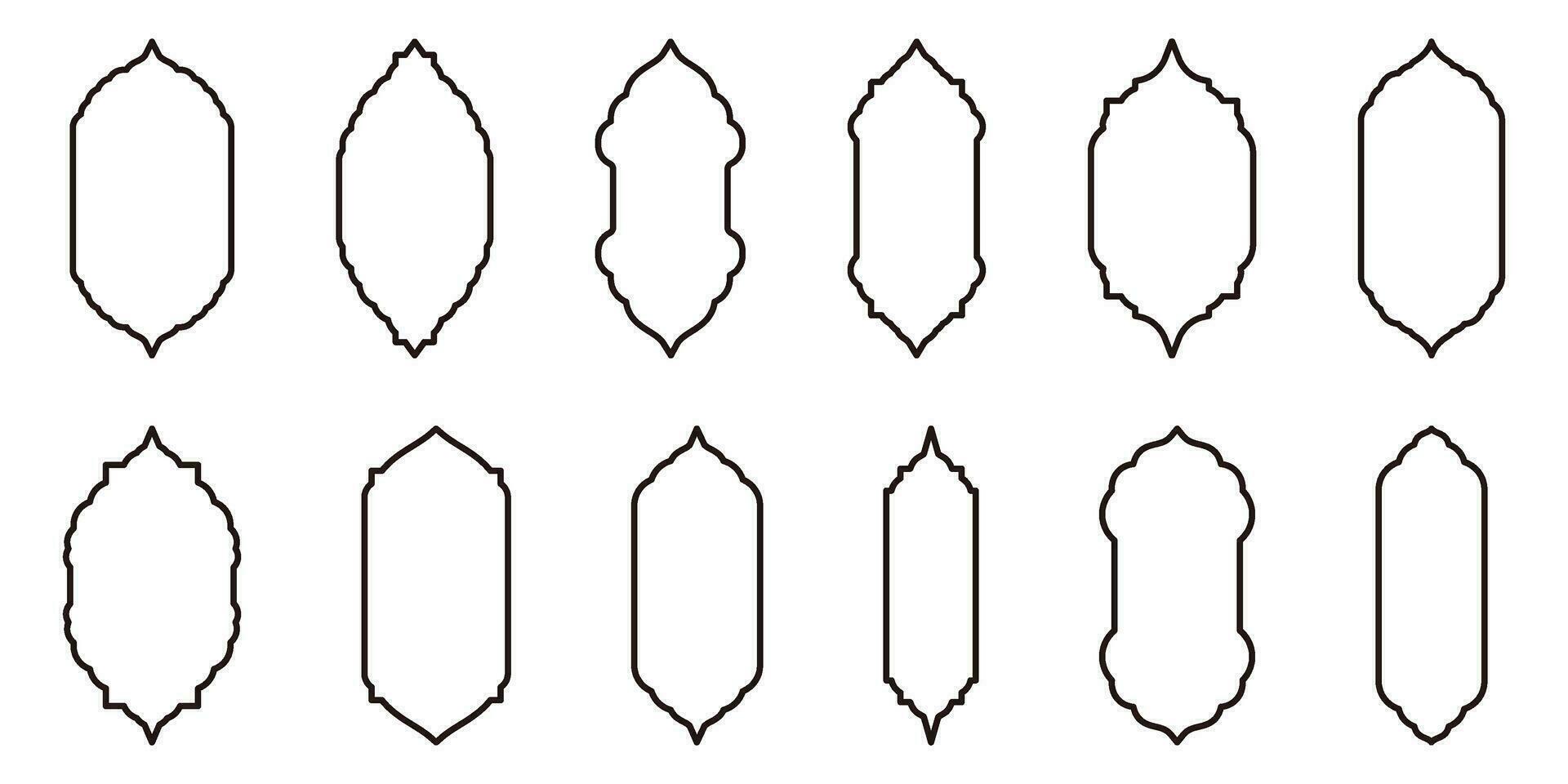 Outline Collection of Oriental Style Islamic Ramadan Kareem and Eid Mubarak Windows and Arches. Modern Design Elements Include Doors, Mosque Domes, and Lanterns. vector