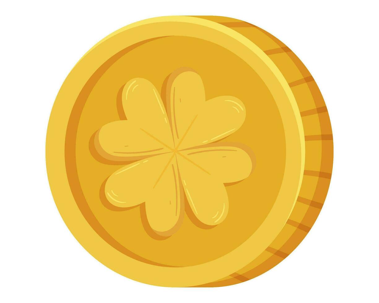 St. Patricks Day gold coin with four-leaves clover or shamrock vector