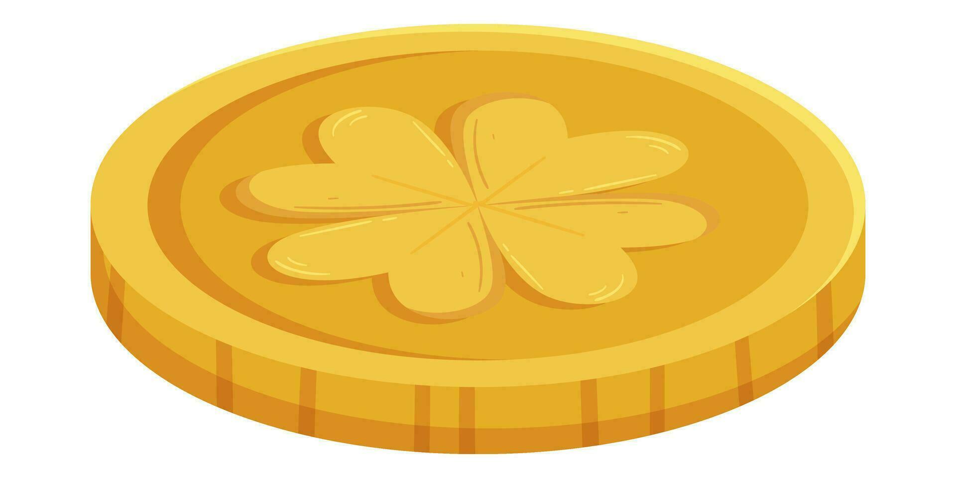 St. Patricks Day gold coin with four-leaves clover or shamrock vector