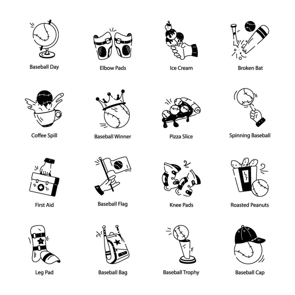 Bundle of Baseball Accessories Doodle Icons vector