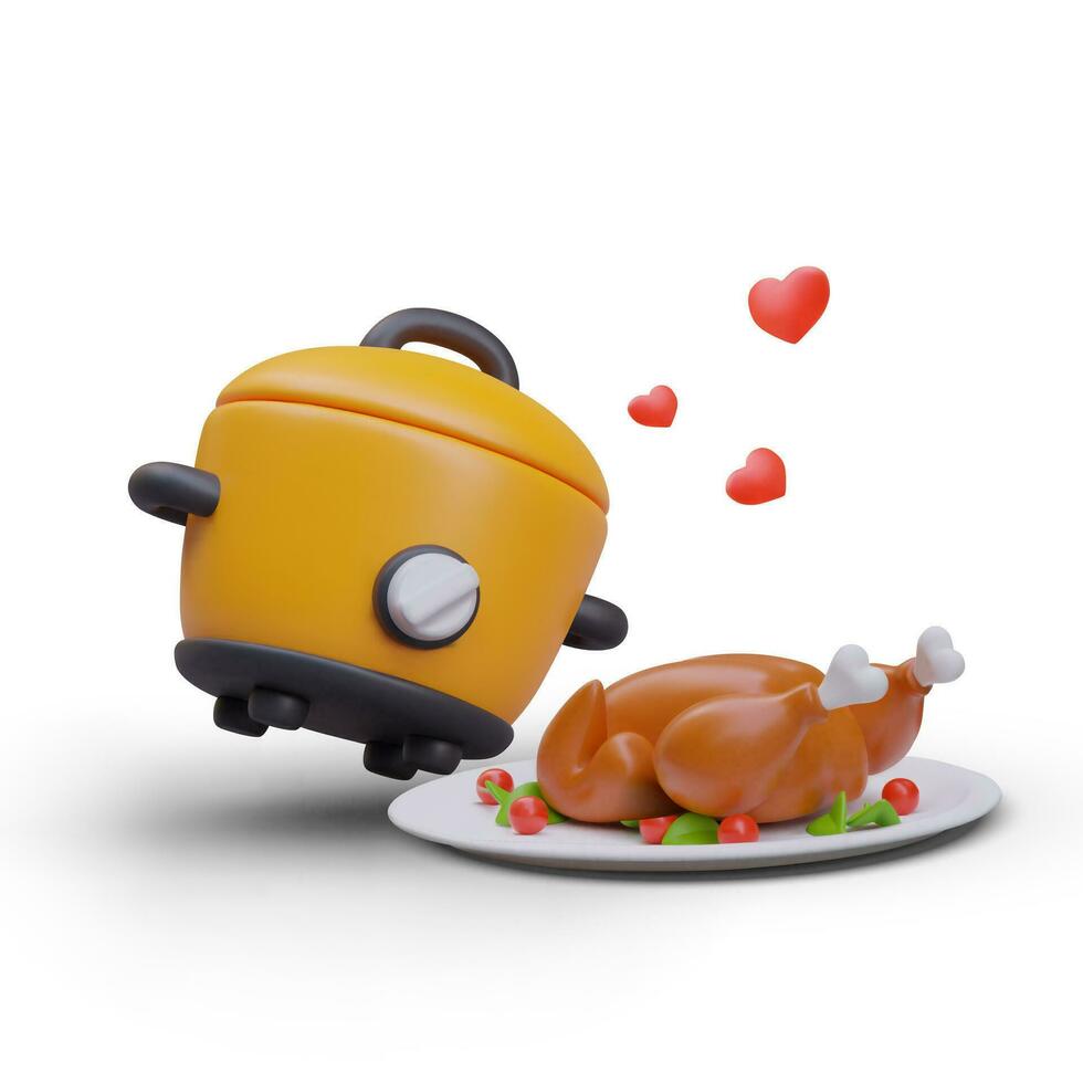 Composition with realistic slow cooker and big chicken on white plate with vegetables vector