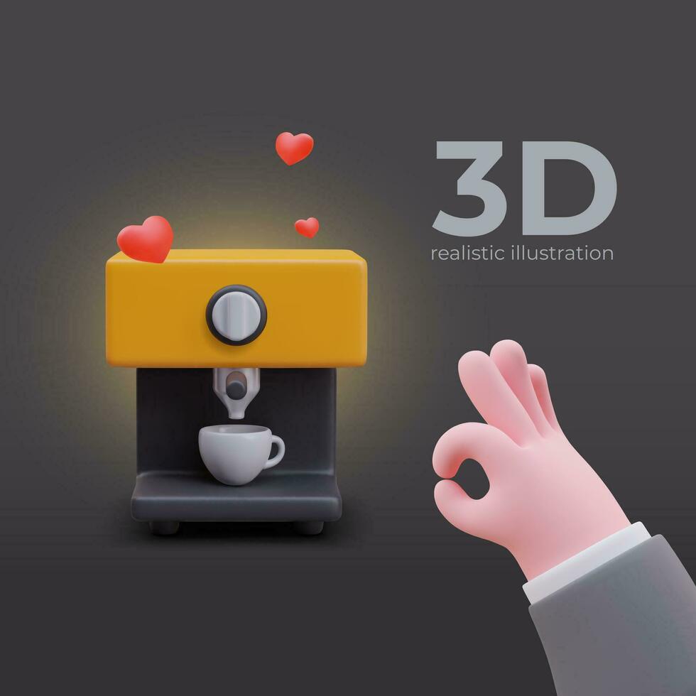 Advertisement of coffee machine. Realistic hand showing approval sign, OK vector