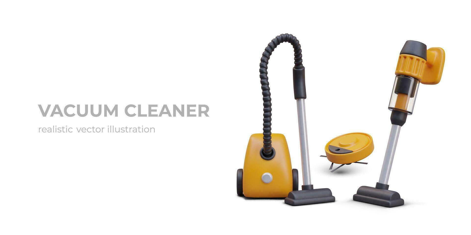 Set of modern vacuum cleaners. Classic electric vacuum cleaner, robot, model with battery vector