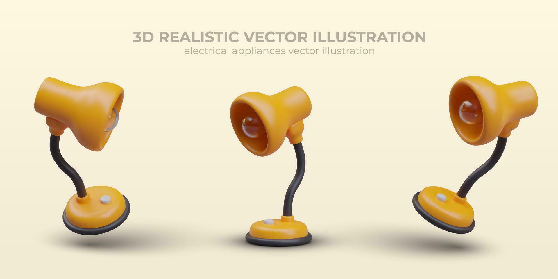 Placard with realistic lamp in yellow colors. Electrical appliances in different positions vector