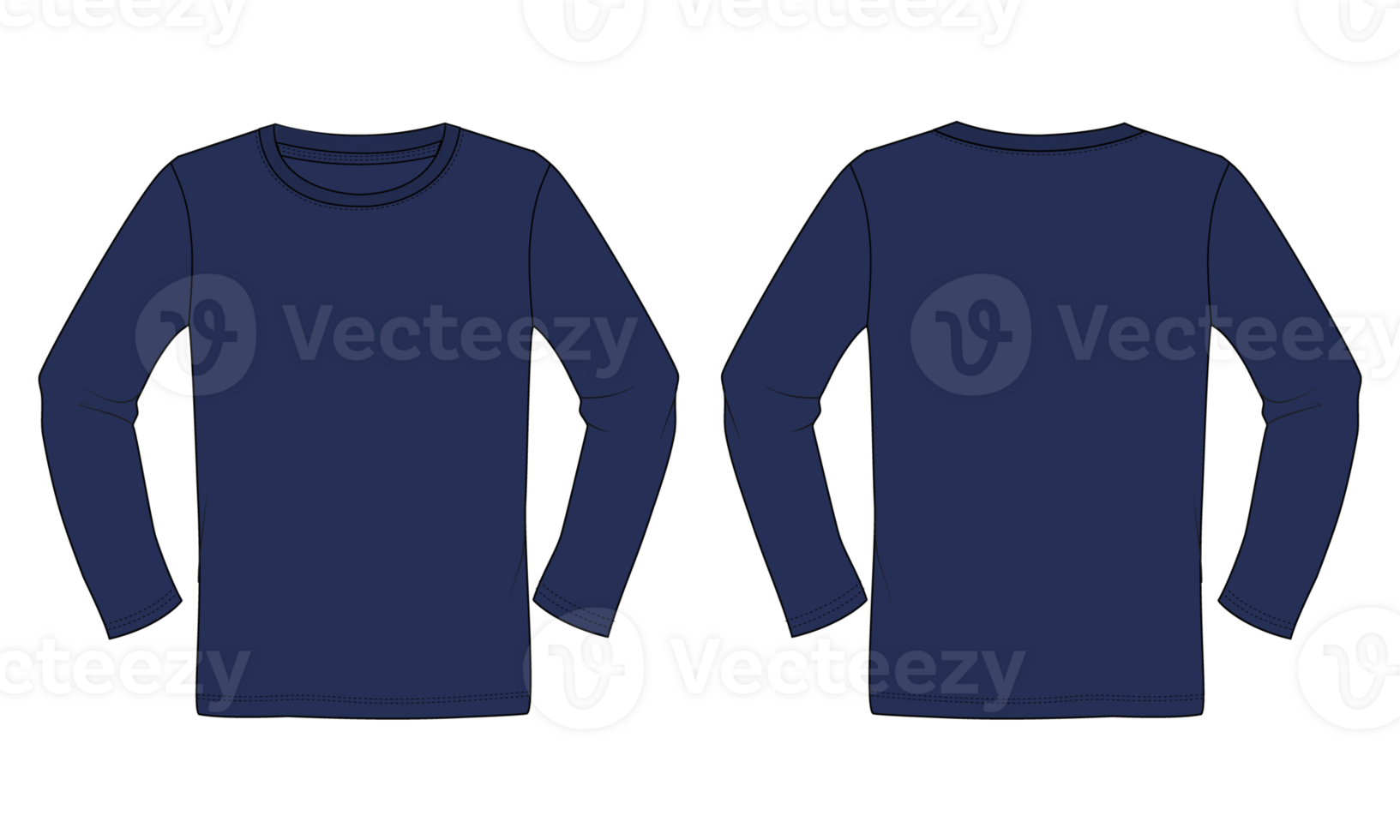 Blue color Long sleeve t shirt template front and back views isolated on transparent background png