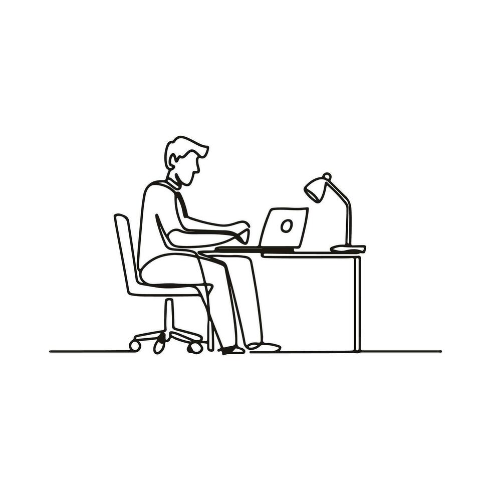 Freelancer working on laptop at home in continuous line drawing vector