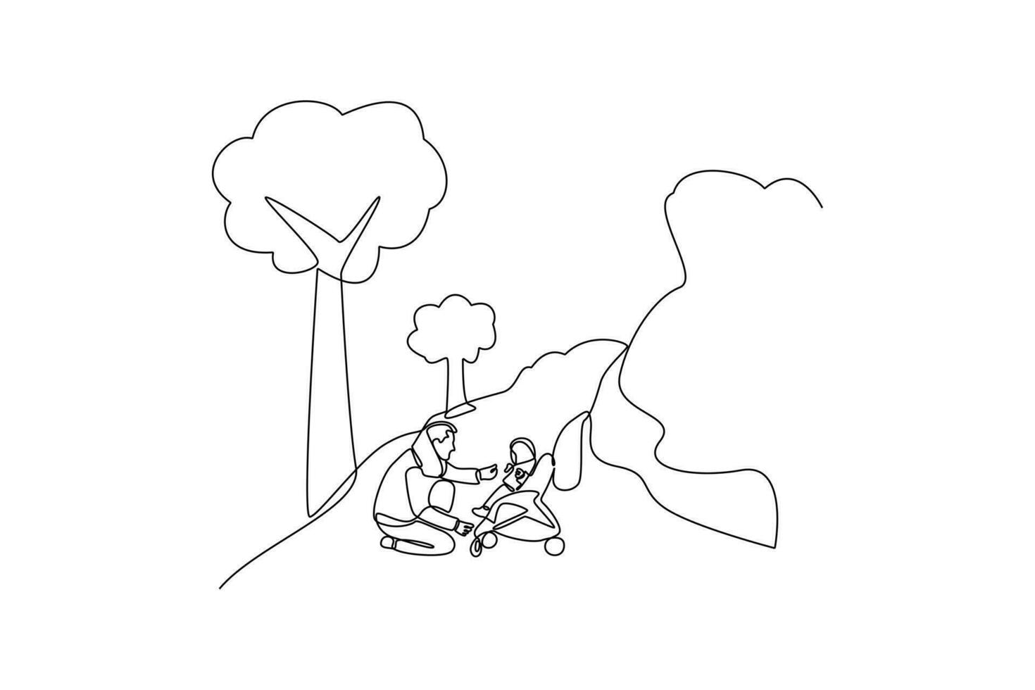 Continuous one line drawing  Family and children spending time together. Walking family concept. Doodle vector illustration.