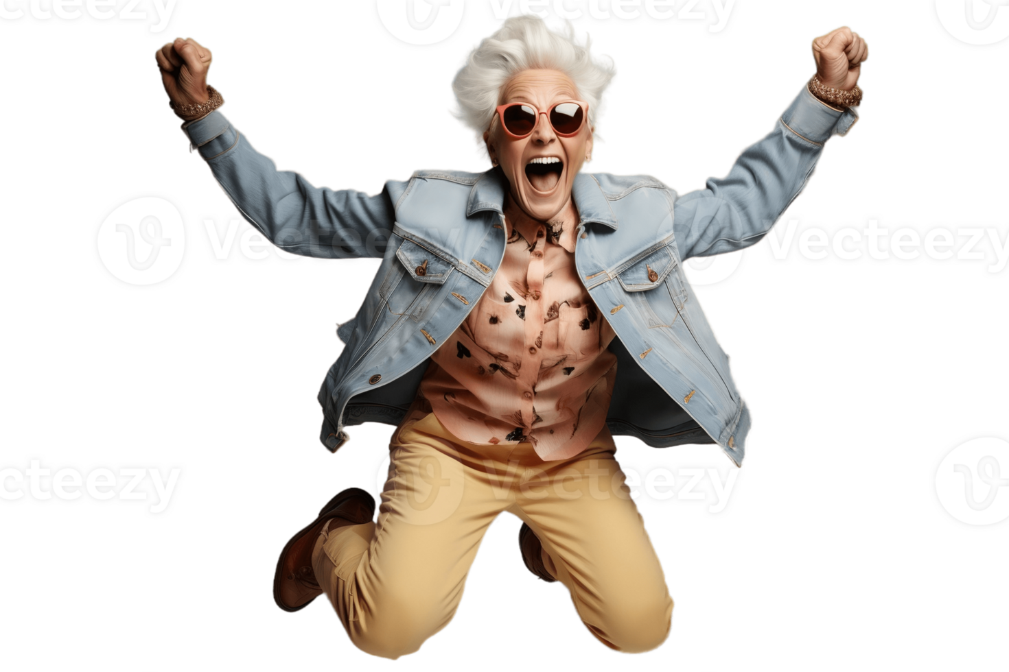 AI generated Full Body of an Elderly Woman Jumping for Joy on a Transparent Background. AI png