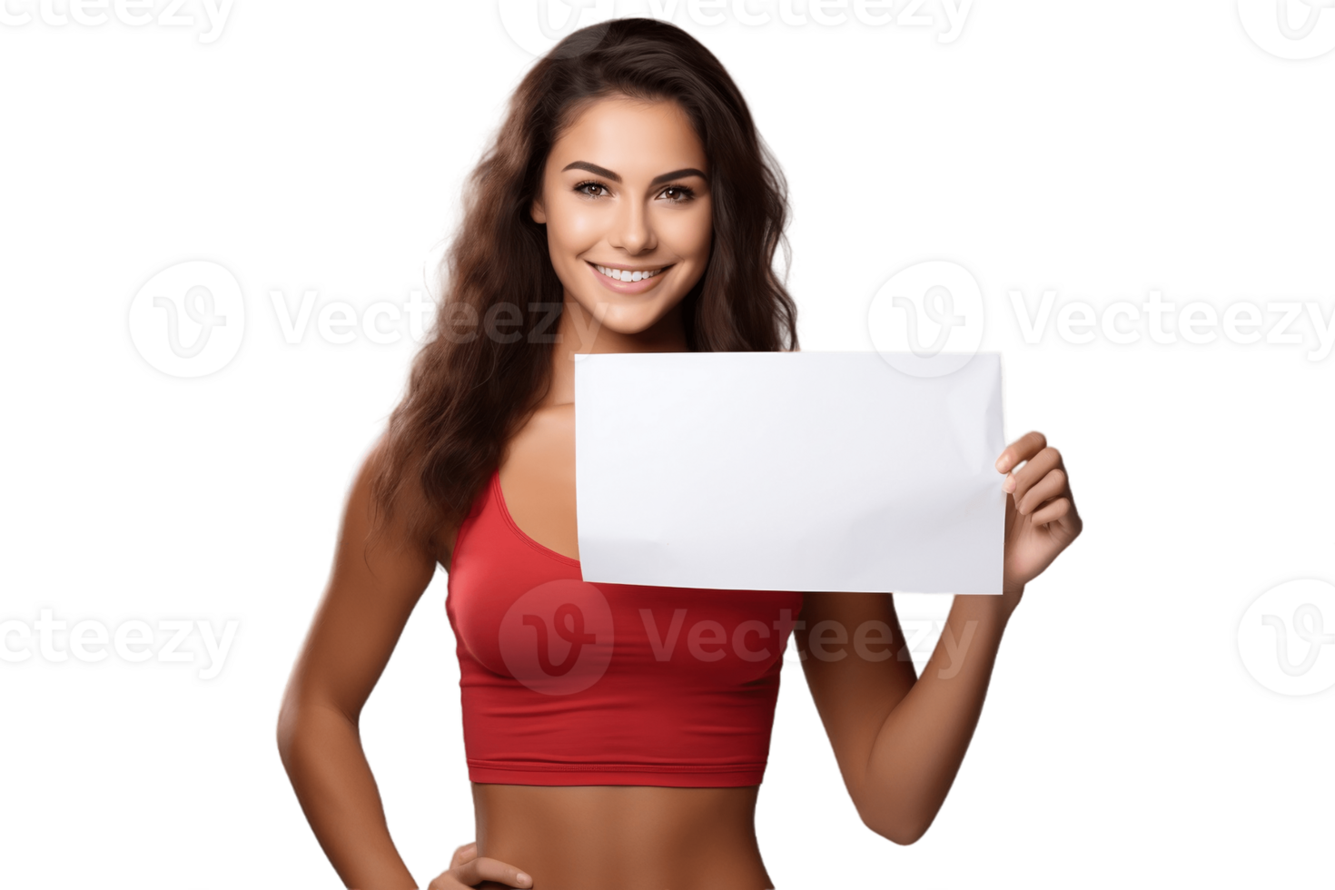 AI generated Fitness woman with a red smile holding a blank paper on a transparent background. AI png