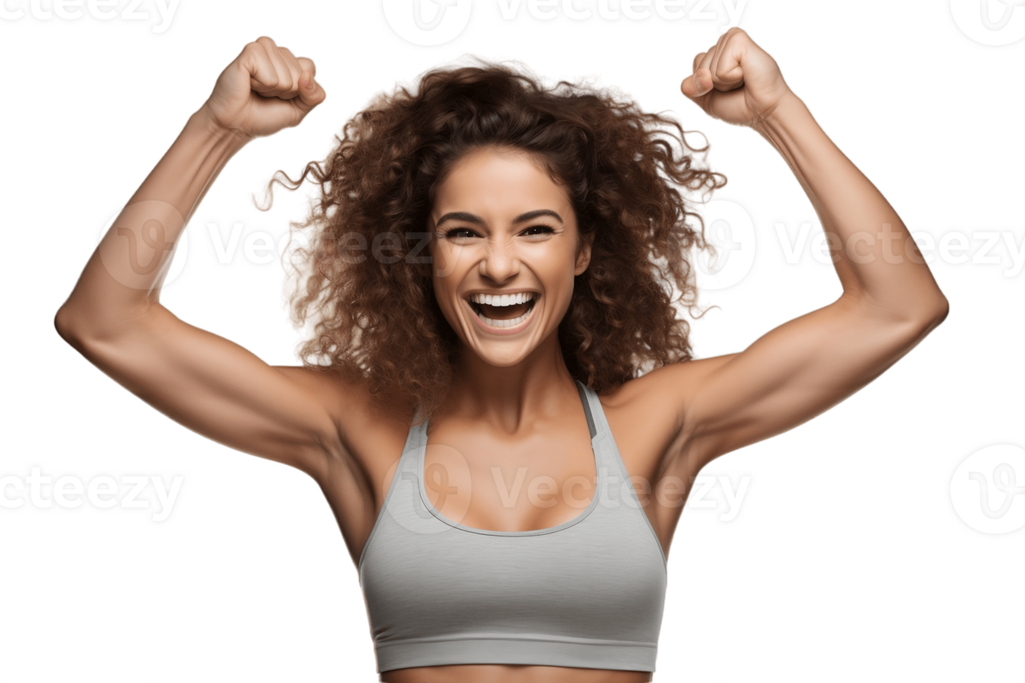 AI generated Happy female athlete flexing muscles, close-up shot, on transparent background.. AI png