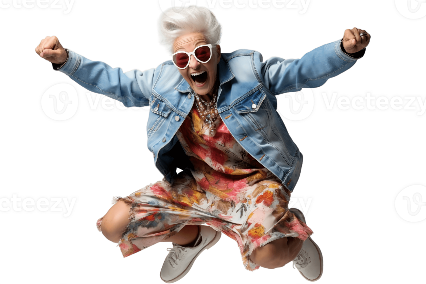 AI generated Full Body of an Elderly Woman Jumping for Joy on a Transparent Background. AI png
