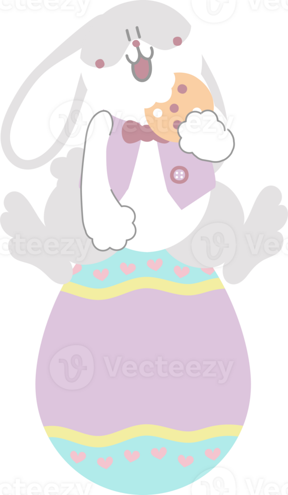 happy easter with bunny rabbit eating cookie and egg, flat png transparent cartoon character design