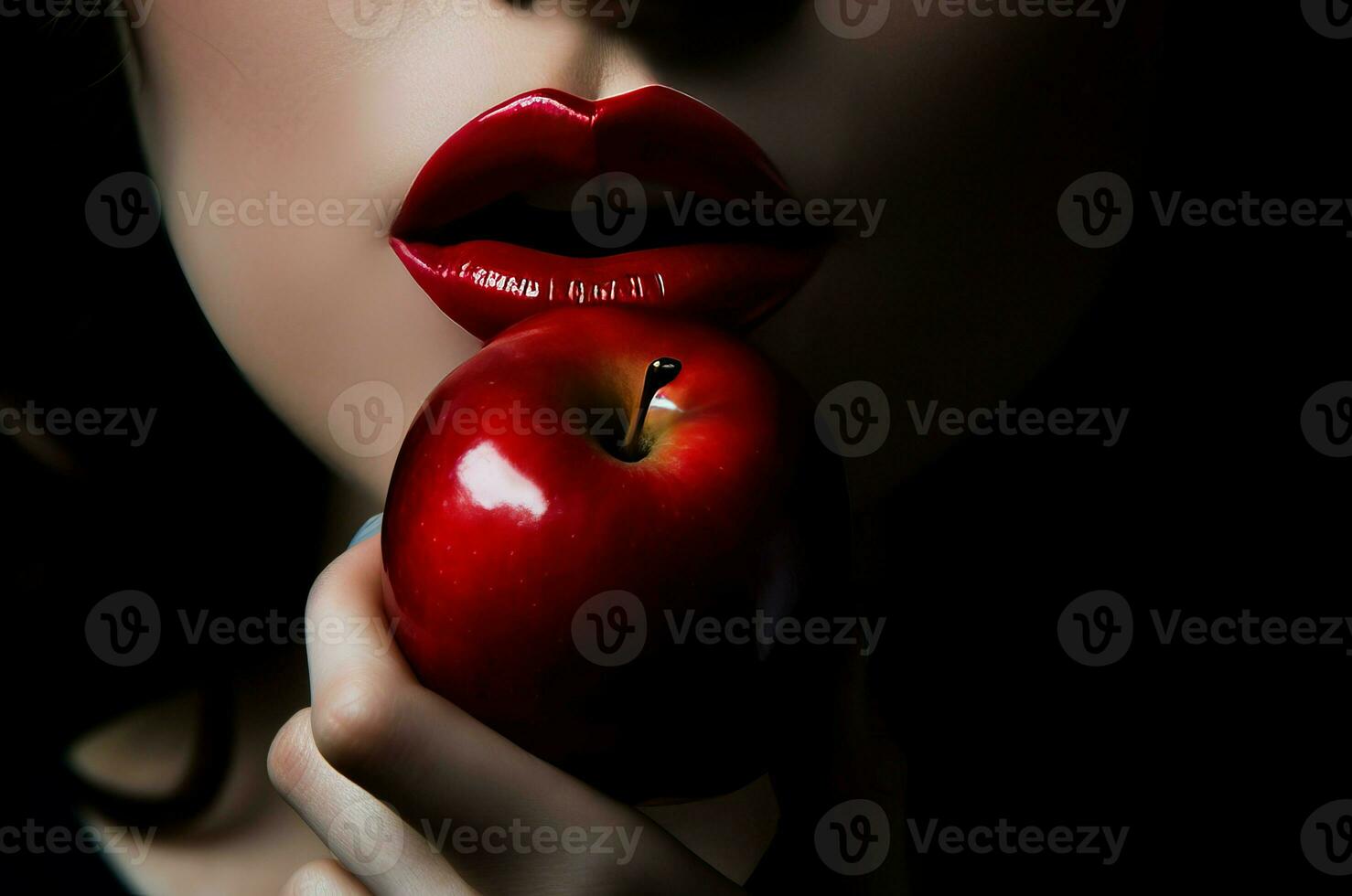 Female red lips with red apple. Generate ai photo