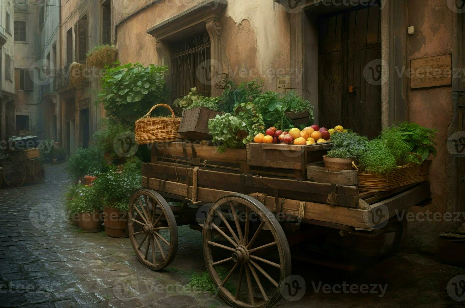 Vintage wooden cart street with greenery. Generate ai photo