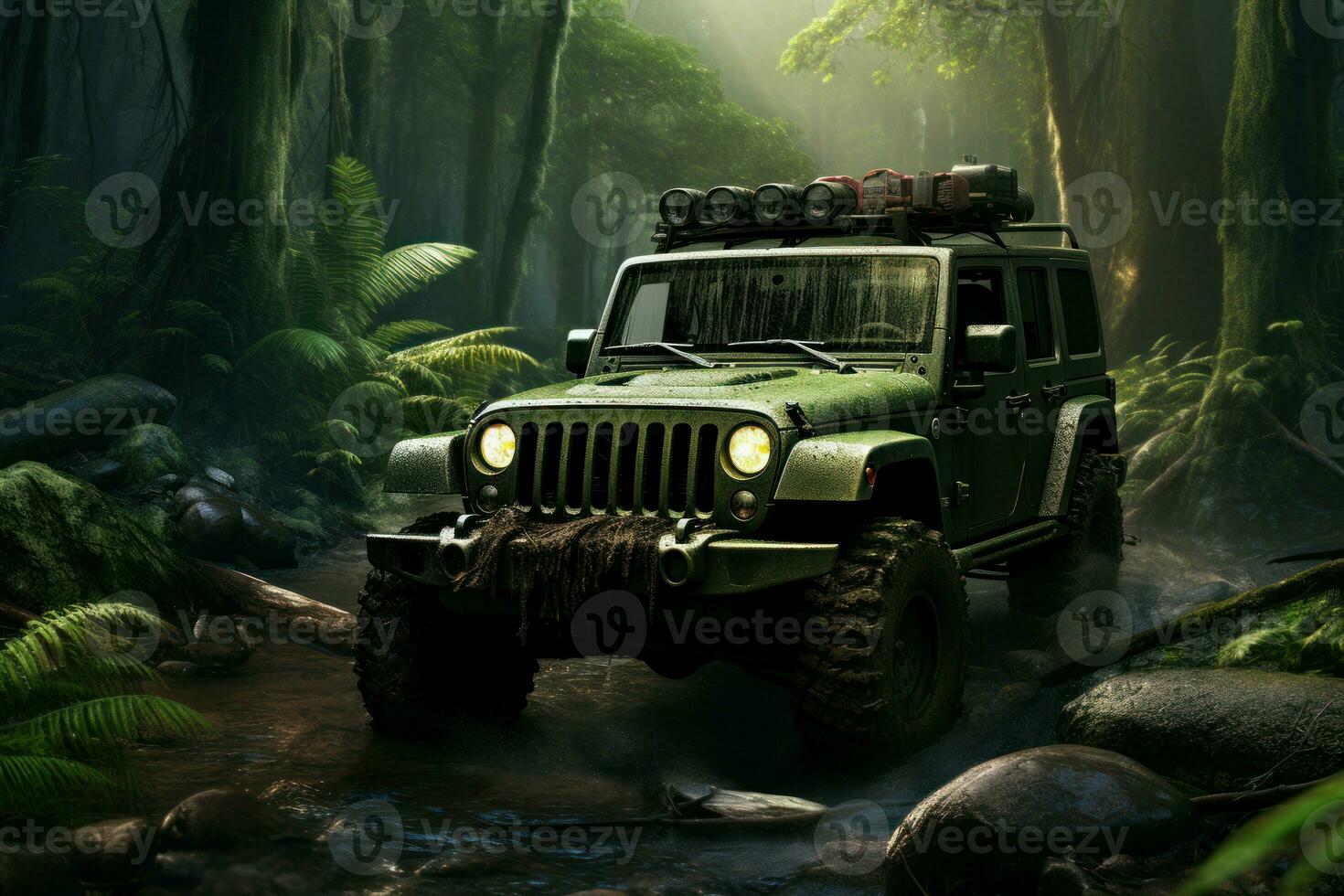 AI generated Serene Jeep jungle sunset. Generate Ai photo