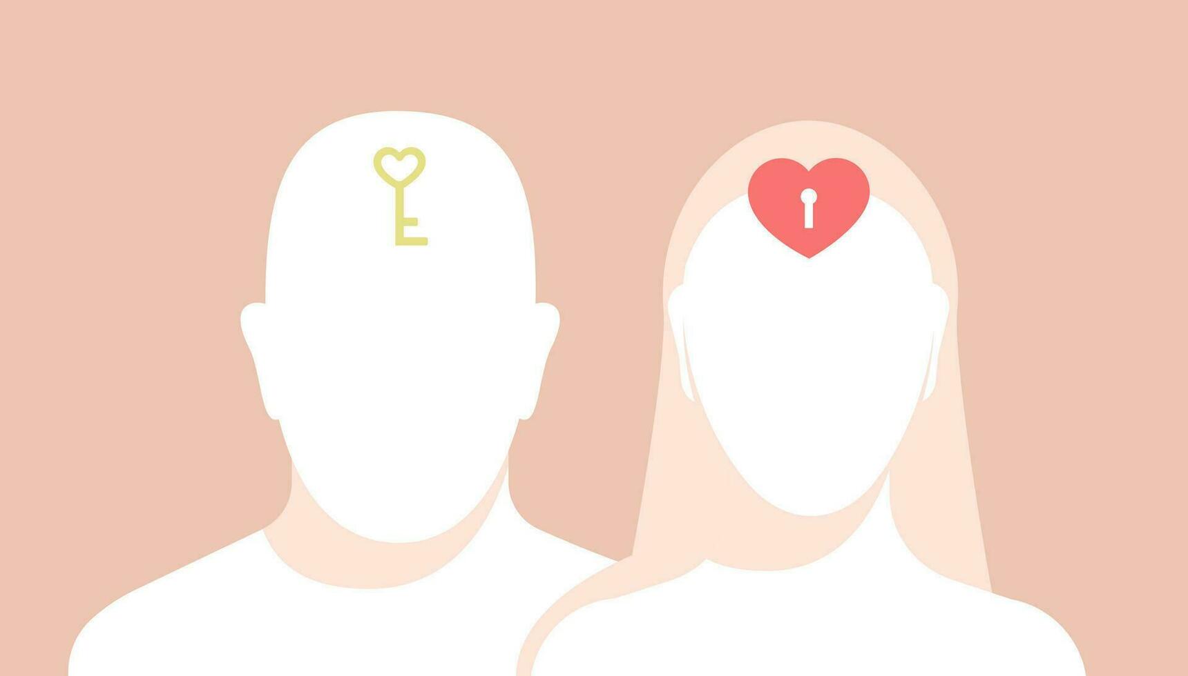 Portrait silhouette of a man and woman with a heart shape and a key inside their heads. Facing forward. Front view faceless people. Love, understanding and connection. vector