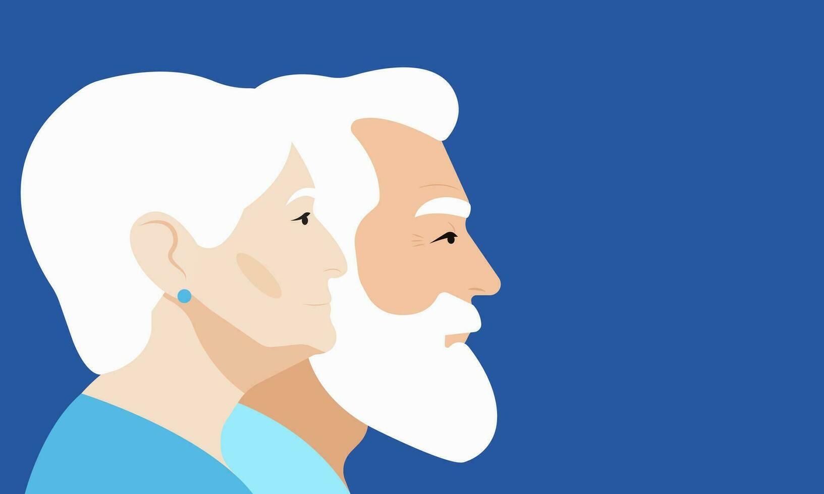 Profile portraits of a elderly man and woman. Blue backdrop. Beauty of age grace. Lifetime relationship, togetherness. Place for text. vector
