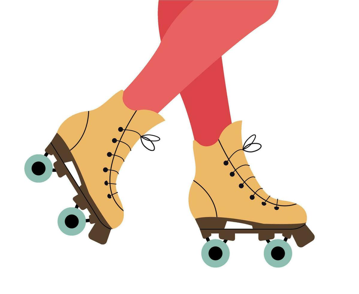 Woman legs in retro roller skates. Red tights. Isolated. Old fashion skaters with four wheels. Nostalgia design element for your projects. vector