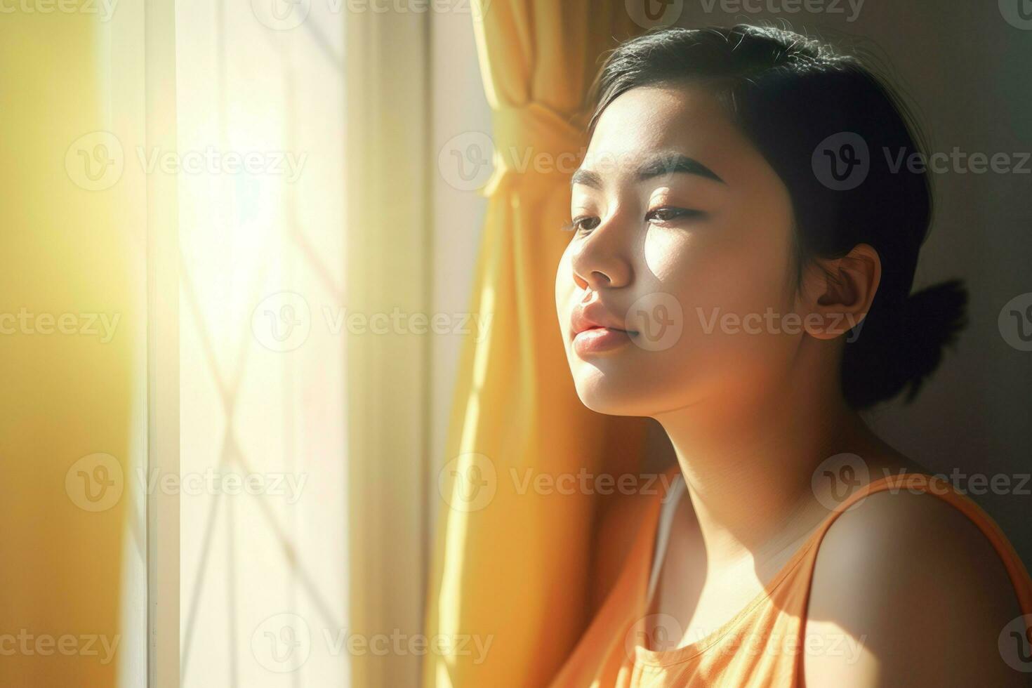 AI generated Woman at the window in light beam. Generate ai photo