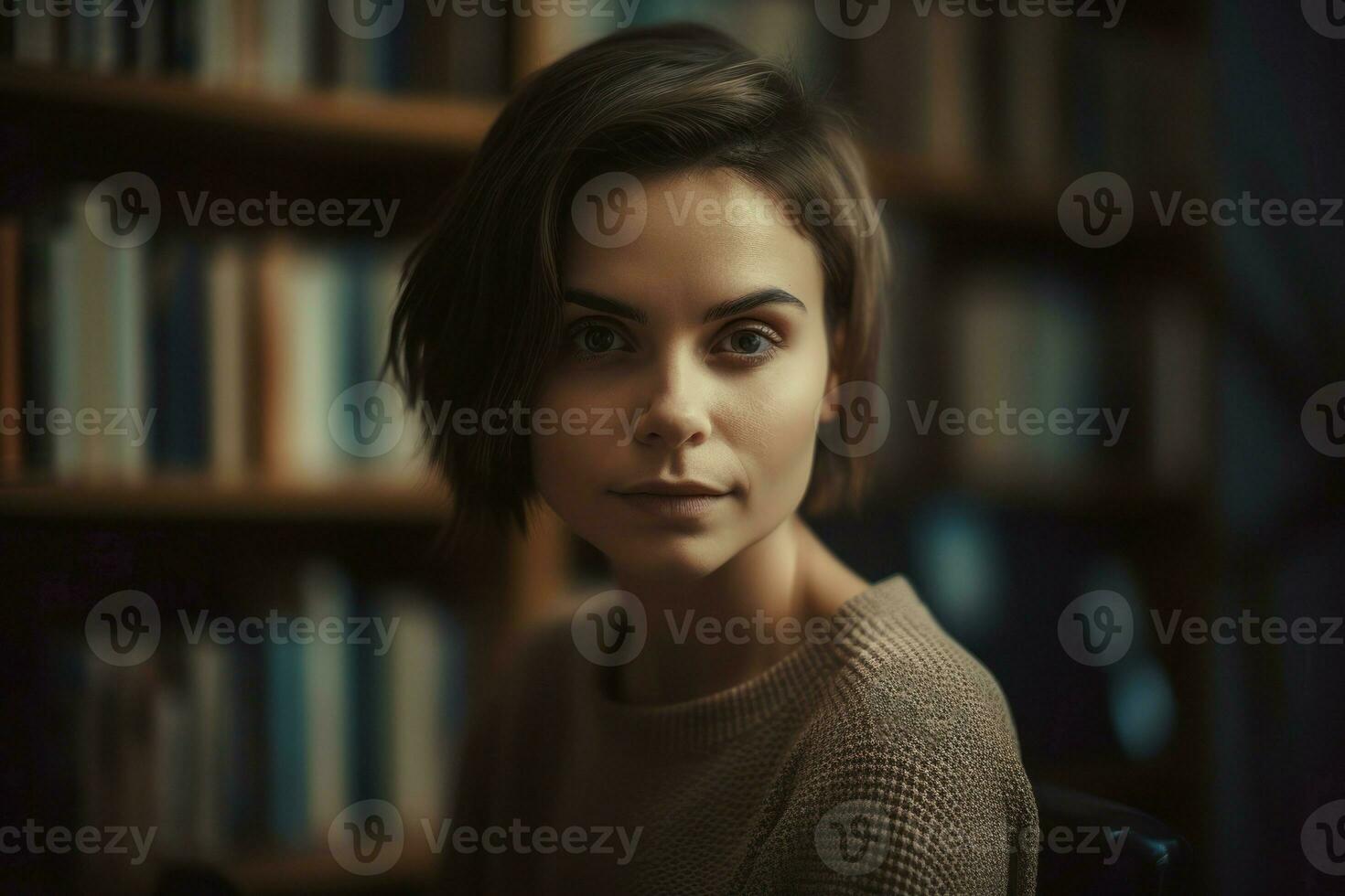 AI generated Woman portrait on library book shelves. Generate ai photo