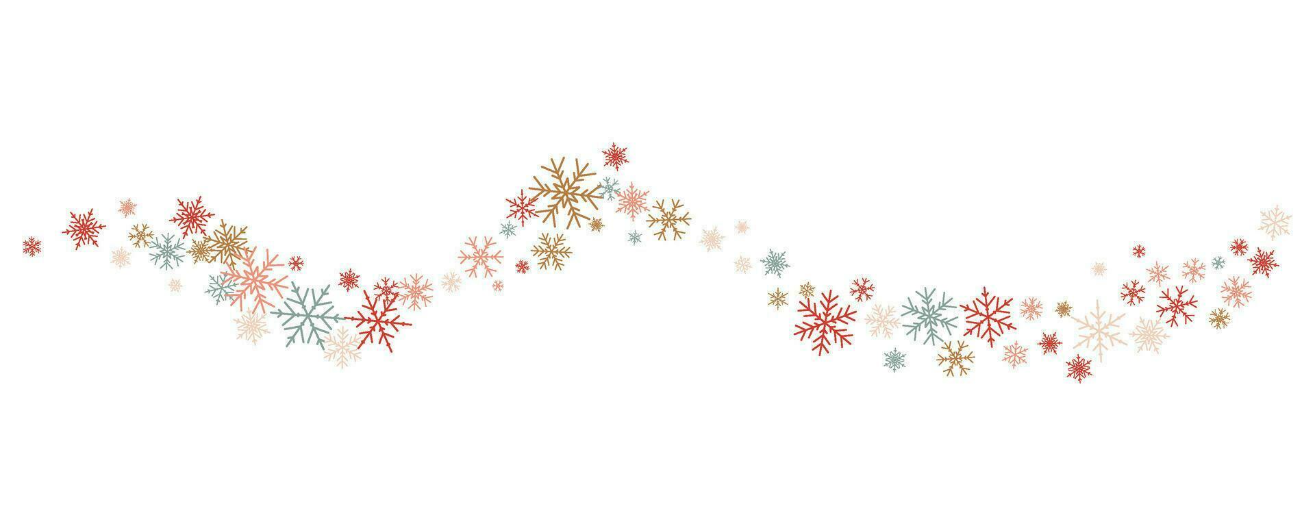 Snowflakes vector background. Winter holiday decor with multicolor crystal elements. Graphic icy wave isolated on white backdrop.