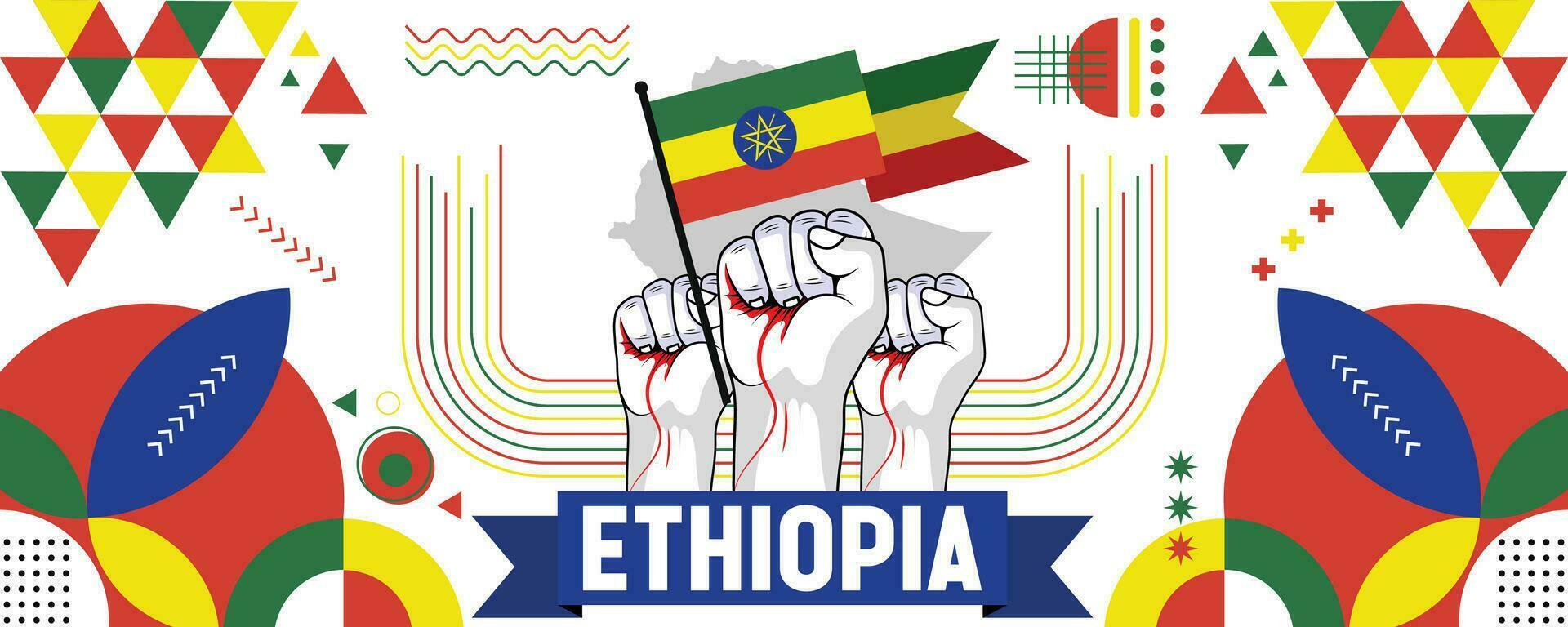 Ethiopia national or independence day banner for country celebration. Flag of Ethiopia with raised fists. Modern retro design with typorgaphy abstract geometric icons. Vector illustration.