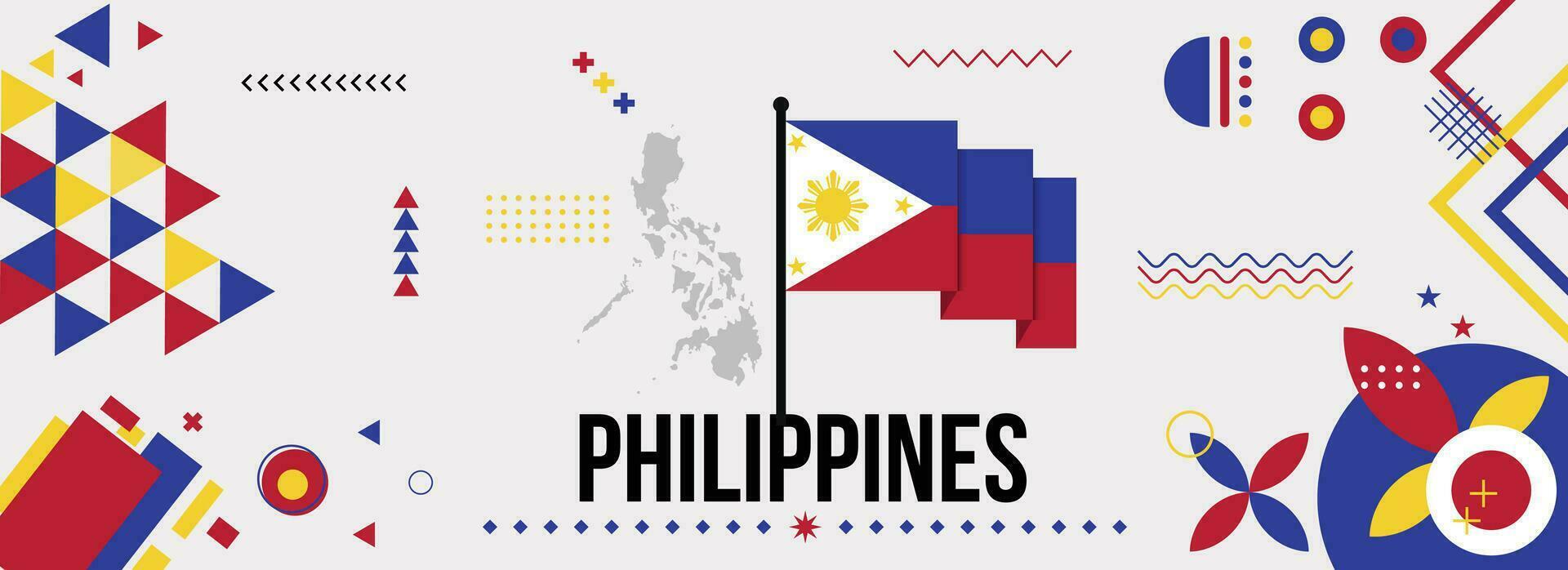 Philippines national or independence day banner for country celebration. Flag and map of Filipino with modern retro design with typorgaphy abstract geometric icons. Vector illustration.