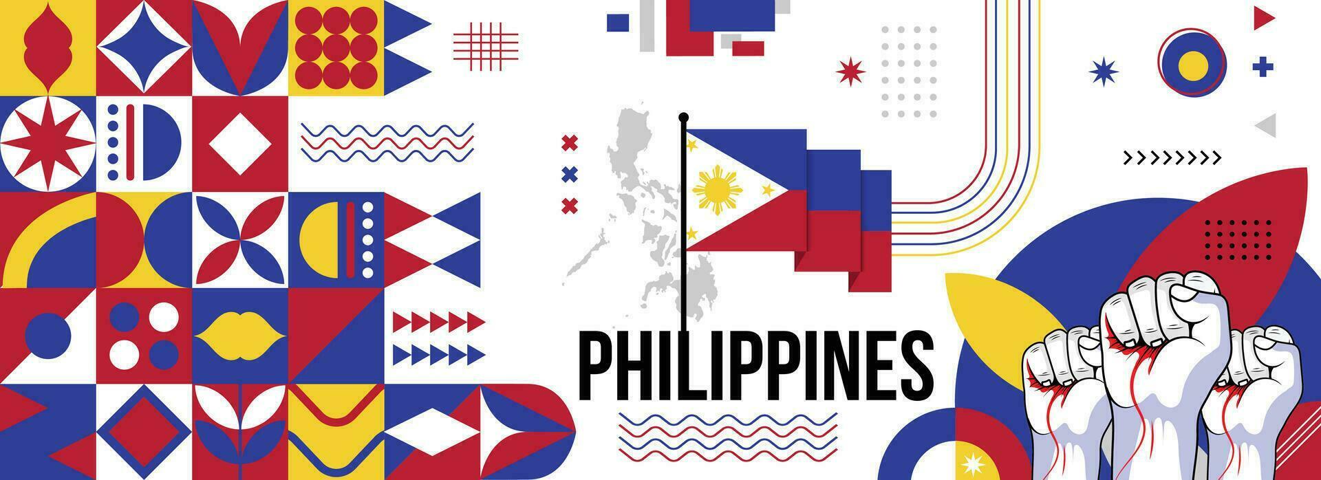 Filipinas nacional o independencia día bandera para país celebracion. bandera y mapa de filipino con elevado puños moderno retro diseño con tiporgafia resumen geométrico iconos vector ilustración