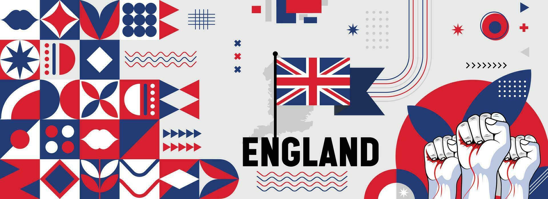 England national or independence day banner for country celebration. Flag and map of Britain with raised fists. Modern retro design with typorgaphy abstract geometric icons. Vector illustration