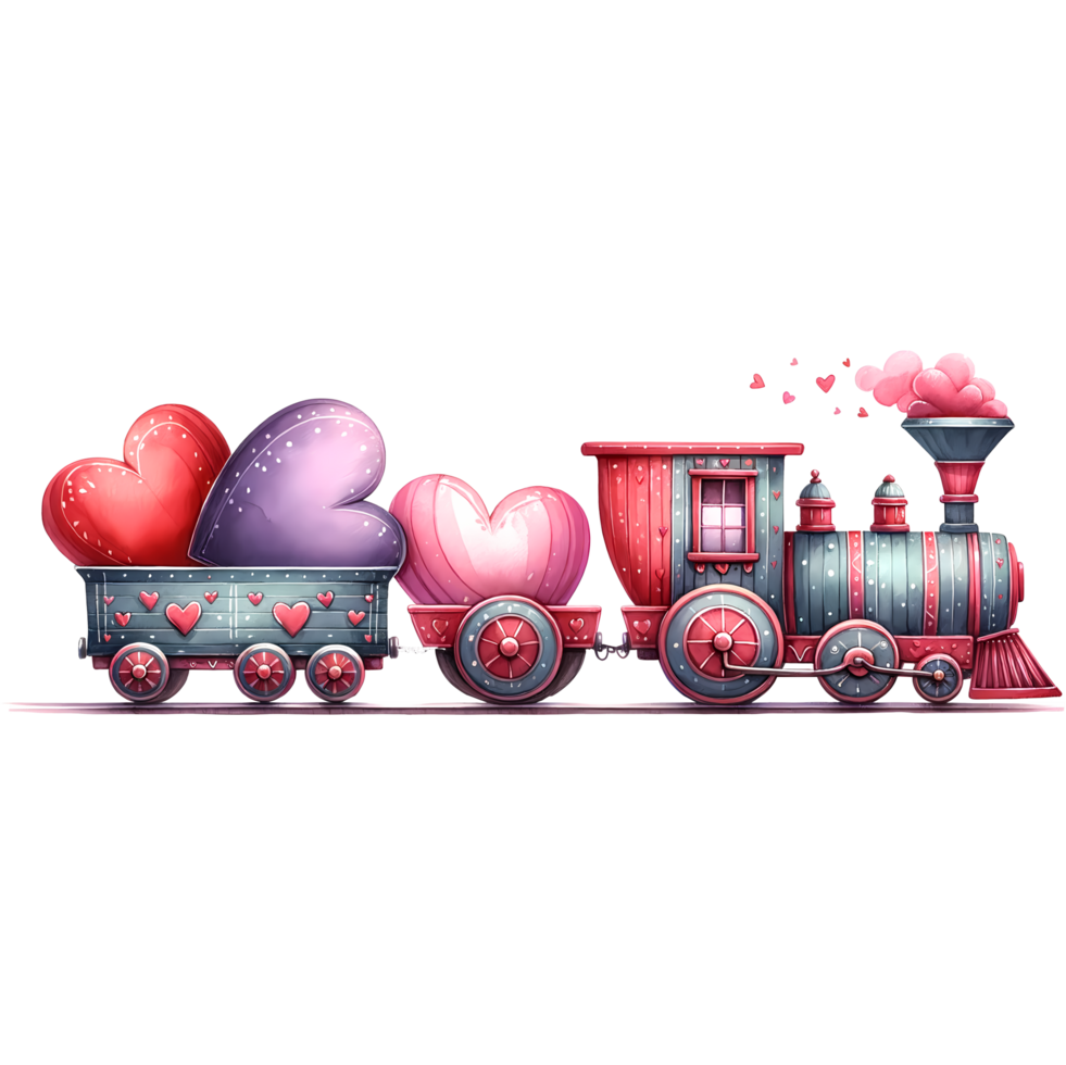 AI generated Cute cartoon train with hearts. Valentine's day png