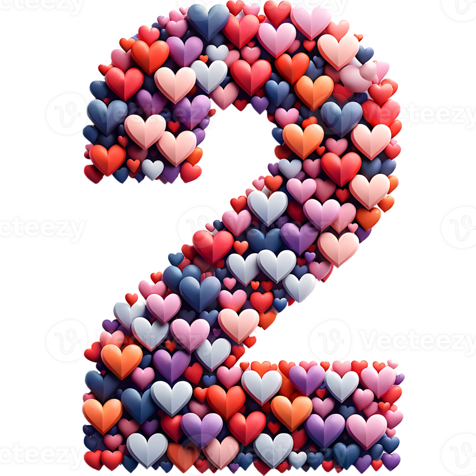 AI generated Number 2 made of colorful hearts Valentine's Day themes png