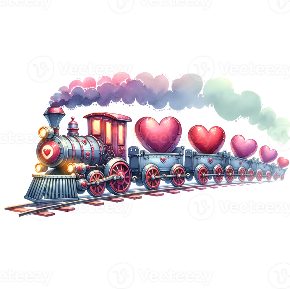 AI generated Vintage steam locomotive with hearts on white background for Valentine's day greeting card, clipart png