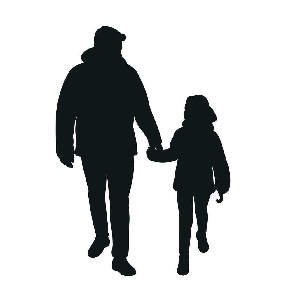 Black silhouette of father and daughter walking, isolated vector