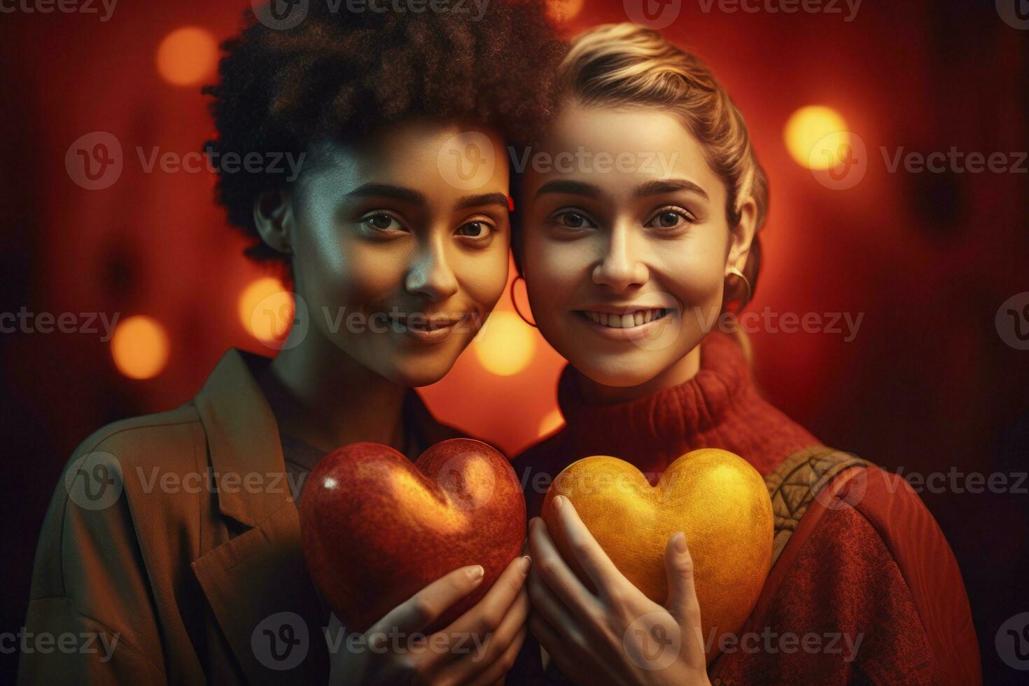 AI generated Smiling women holding hearts. Generate ai photo