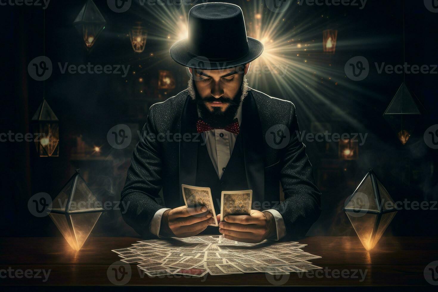 AI generated Enigmatic Magician with top hat scene. Generate Ai photo