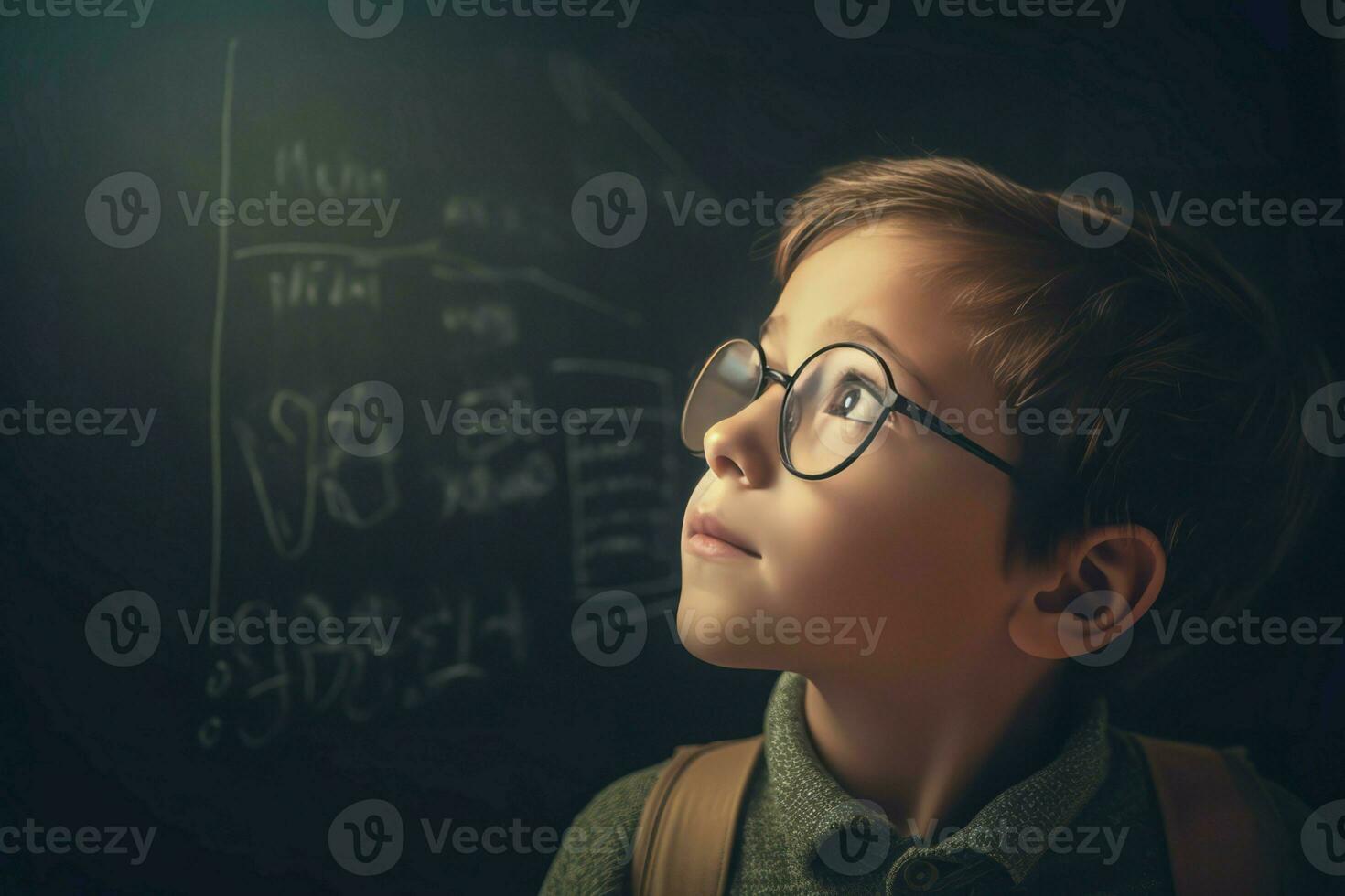 AI generated Young boy with eyeglasses posing next to chalkboard. Generate ai photo