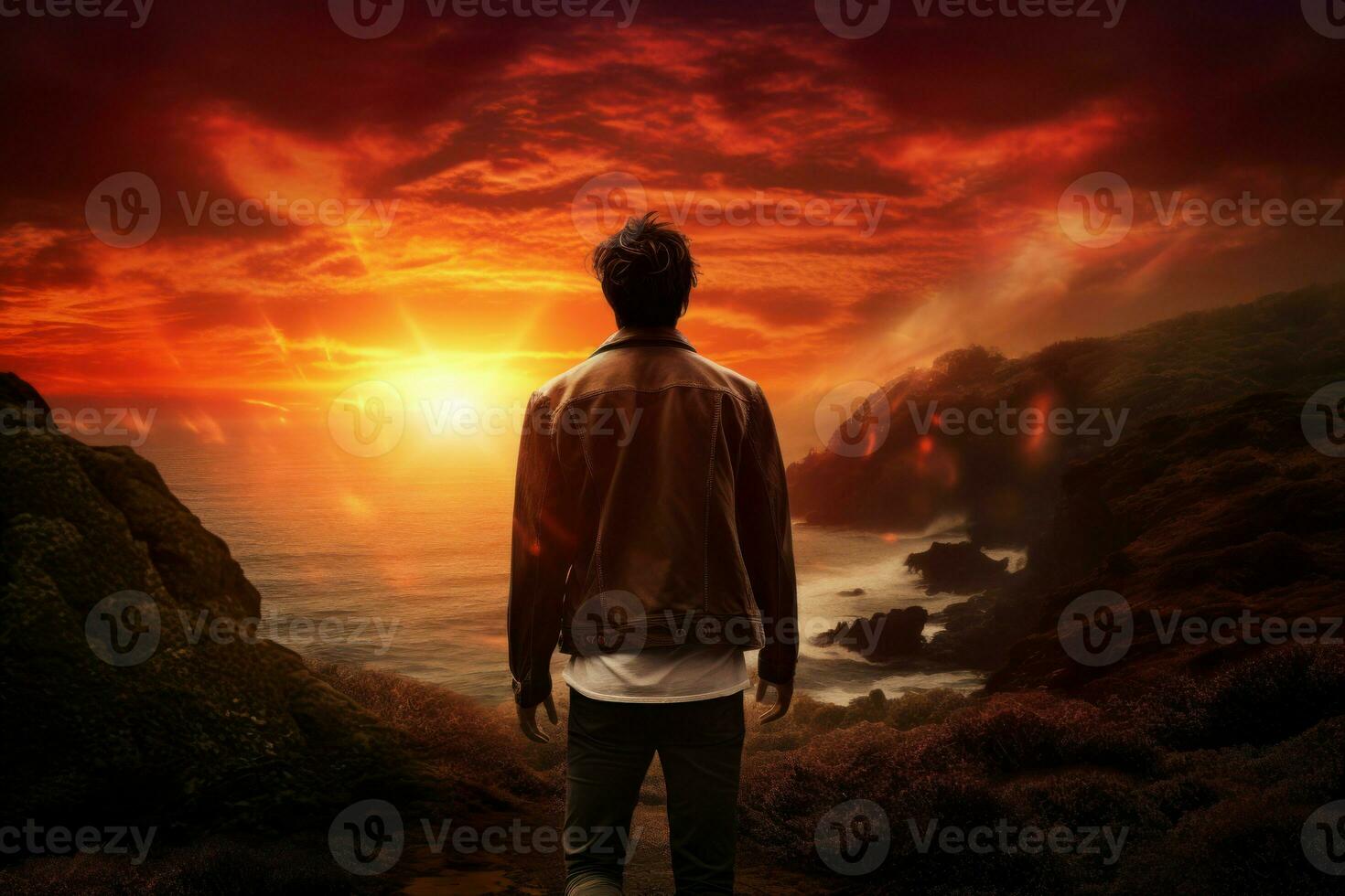 ai generado elástico hombre brazos puesta de sol fuerza. generar ai foto