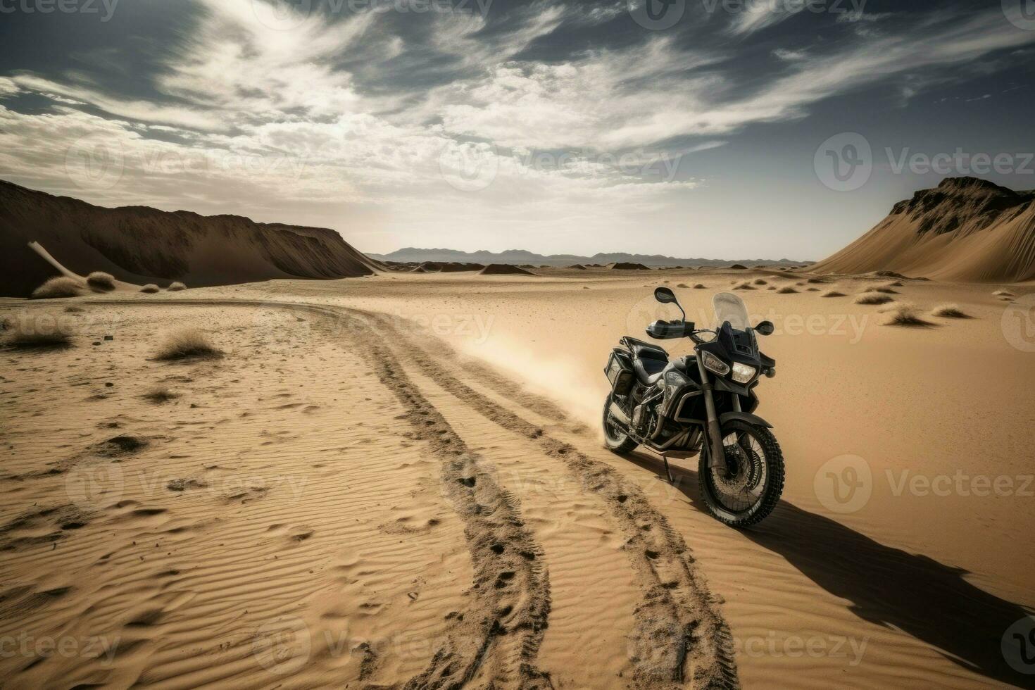 ai generado motocicleta escapada en seco desierto. generar ai foto